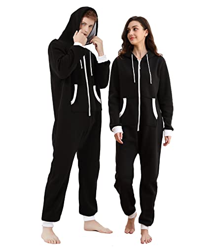 Dodheah Unisex Onesie Schwarz Pyjama Einteiler Overall Jumpsuits Nachtwäsche Familie Loungewear mit Kapuze Reißverschluss Schwarzer L von Dodheah