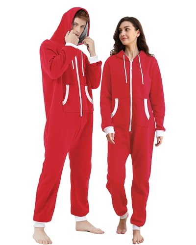 Dodheah Unisex Onesie für Erwachsene Jumpsuit Weihnachten Pyjamas Reißverschluss mit Kapuze Einteilige Nachtwäsche Homewear Rot Weiß Reißverschluss M von Dodheah
