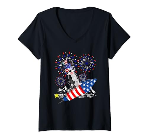 Damen Boston Terrier Kostüm 4. Juli Feuerwerk Patriotischer Liebhaber T-Shirt mit V-Ausschnitt von Dog 4th Of July Costume