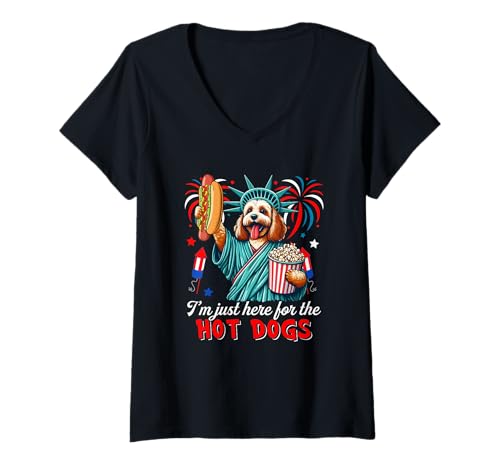 Damen Here For Hot Dogs 4th Of July Cockapoo Cosplay Statue T-Shirt mit V-Ausschnitt Damen Here For Hot Dogs 4th Of July Cockapoo Cosplay Statue T-Shirt mit V-Ausschnitt von Dog 4th Of July Costume