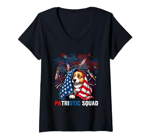 Damen Patriotic Squad 4. Juli Corgi Scared Fireworks Owner T-Shirt mit V-Ausschnitt von Dog 4th Of July Costume