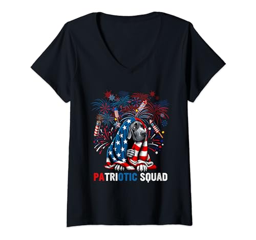 Damen Patriotic Squad 4. Juli Great Dane Scared Fireworks T-Shirt mit V-Ausschnitt von Dog 4th Of July Costume
