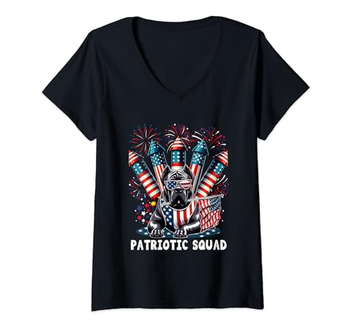 Damen Patriotic Squad 4th Of July Cane Corso Proud Flag Fireworks T-Shirt mit V-Ausschnitt von Dog 4th Of July Costume