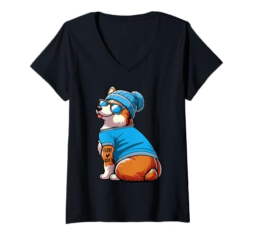 Damen Love Dad Cute Tattoo Father's Day Corgi Sunglasses Owner T-Shirt mit V-Ausschnitt Damen Love Dad Cute Tattoo Father's Day Corgi Sunglasses Owner T-Shirt mit V-Ausschnitt von Dog Father's Day Costume