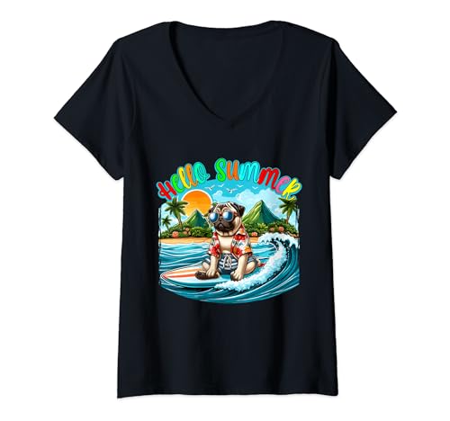Damen Summer Costume Pug Sunglasses Surfing On Beach Surfer T-Shirt mit V-Ausschnitt von Dog Father's Day Costume