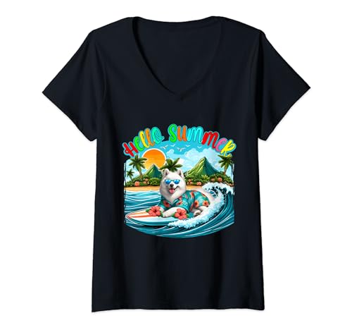 Damen Summer Costume Samoyed Sunglasses Surfing On Beach Surfer T-Shirt mit V-Ausschnitt von Dog Father's Day Costume