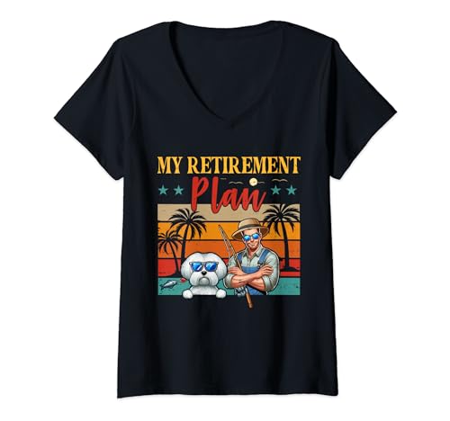 Damen Vintage My Retirement Plan Costume Man Fishing Maltese T-Shirt mit V-Ausschnitt von Dog Vacations Costume
