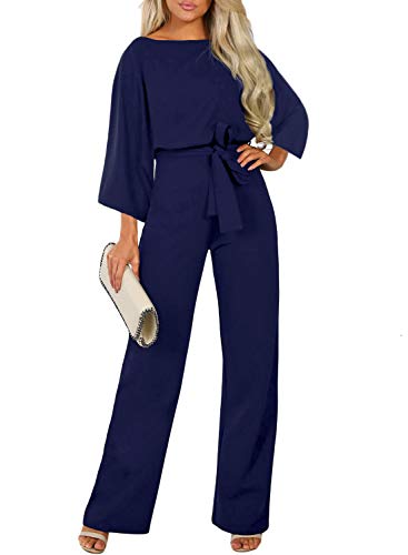 Dokotoo Damen 3/4 Hülse Lang Jumpsuit Elegant Overall Jumpsuit O-Ausschnitt Playsuit Rückenfrei Sexy Hosen mit Gürtel Blau M von Dokotoo