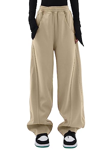 Dokotoo Jogginghose Damen Sporthose Lang Lässige Palazzo Hose Hosen mit Taschen Baggy Elastisch Stoffhose Einfarbig Freizeithose Aprikose S von Dokotoo