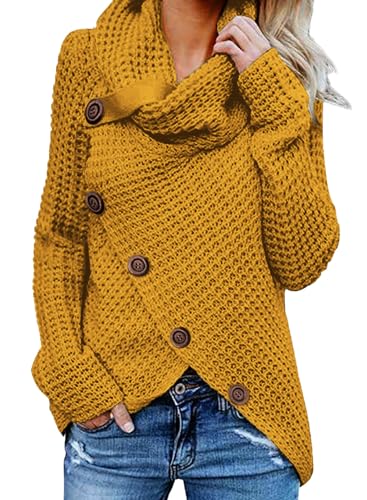 Dokotoo Pullover Damen Winter Langarm Elegant Rollkragenpullover Strickpullover Lässig Pullis Sweater Rollkragen Winterpullover Gelb 2XL von Dokotoo