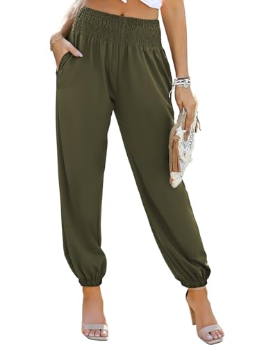 Dokotoo Sommerhose Damen Lässige Palazzo Hose Hosen mit Taschen Baggy Elastisch Stoffhose Einfarbig Freizeithose Jogginghose Grün 2XL von Dokotoo