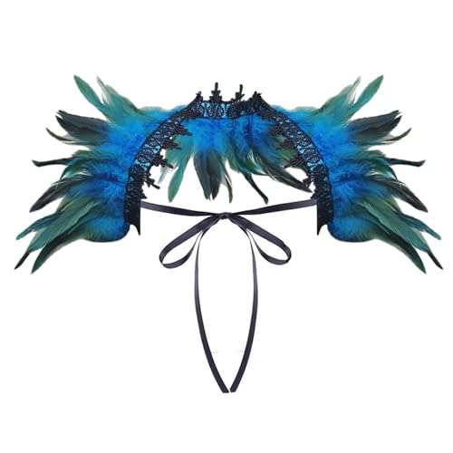 Damen Spitze Federschal Pfau Kostüm Damen Vintage Feder Schal Umhänge Schulterumhang Cape Gothic Federboa Kostüm Vogel Karneval Kostüm Samba Kostüm für Karneval Halloween Maskerade (Light Blue) von DolceTiger