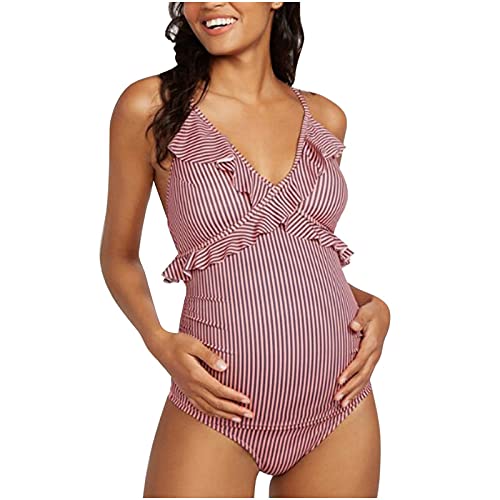 DolceTiger Umstandsbadeanzug Damen Umstandsmode Einteilige Badebekleidung V-Ausschnitt Schwangerschaft Badeanzug Soild Badeanzüge Bikini Damen Set Bademoden Für Schwangere (B-Pink, S) von DolceTiger