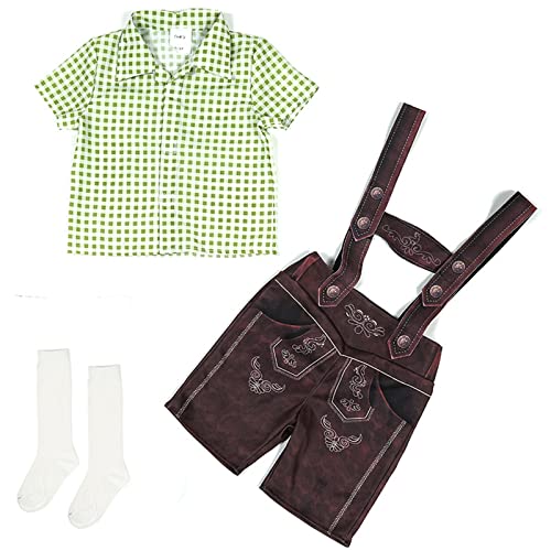 Kinder Trachtenhemd Lederhose und Socken 3-teiliges Set Trachtenset Kurz Trachtenlederhose mit Träger Kariert Kurzarm Hemd Jungen Stickerei Lederhose Baby Oktoberfest Kostüm (Green, 4-6 Years) von DolceTiger