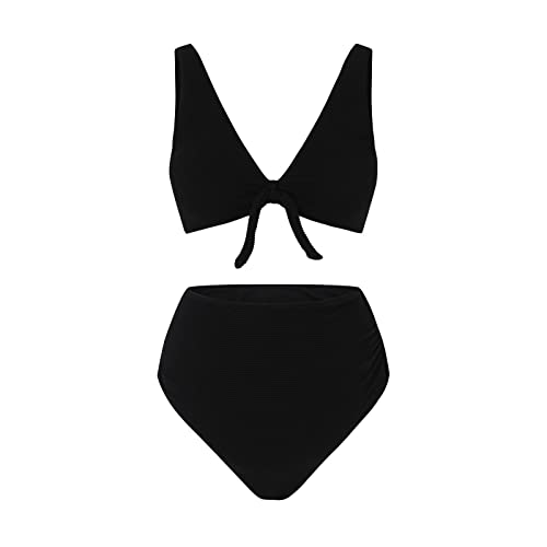 Umstands-Bikini Badeanzug Schwangerschaft Umstandsmode für Damen Soild-Badeanzug V-Ausschnitt Bikinihose mit hoher Taille Bowknot-Badeanzug-Badebekleidungsset Bikini Schwangerschaft (Black, XL) von DolceTiger