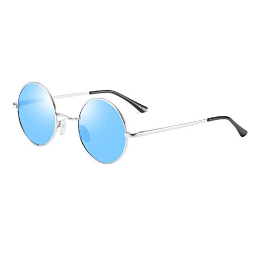 Dollger Retro Lennon Sonnenbrille Vintage Polarisierte Mirrored Linsen Metall Gestell Rundbrille für Herren Damen Blau Linse+Silber Rahmen von Dollger