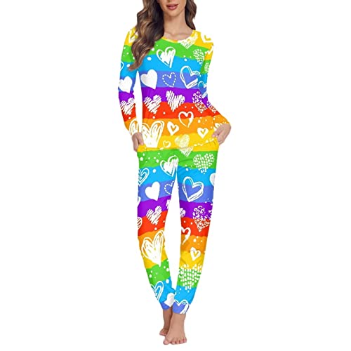 Dolyues 2 Packungen Pyjama-Sets in voller Länge für Damen, reguläres Pyjama-Set (Tops, Hemden und Hosen), Farbenfrohes Regenbogenherz, 48 von Dolyues