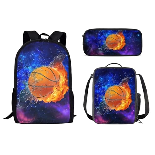 Dolyues 3-teiliges Rucksack-Set für Teenager, Mädchen, Grundschultasche mit Federmäppchen und Lunchtasche, Galaxy Star Basketball von Dolyues