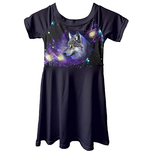 Dolyues 3D Galaxy Wolf Design Kinder Mädchen Sommer Kurzarm Kleid Casual Rundhals Kleider für Party Strand Reisen von Dolyues