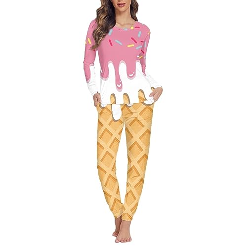 Dolyues Damen Pyjama-Sets, dünne Oberteile und Hosen, 2-teiliger Schlafanzug für Frauen, Teenager, Mädchen, lange Nachtwäsche, Eiswaffel, 38 von Dolyues