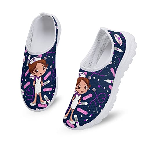 Dolyues Damen Slip On Sneakers mit Marineblauem Cartoon Krankenschwester-Print LäSsig Bequeme Atmungsaktive Leichte Sneakers von Dolyues