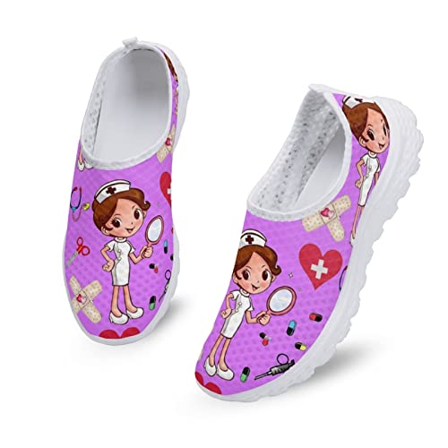 Dolyues Frauen Trainer Schuhe LäSsig Leichte Atmungsaktive Bequeme Turnhalle Sportliche Slip On Schuhe mit Lila Cartoon Krankenschwester von Dolyues