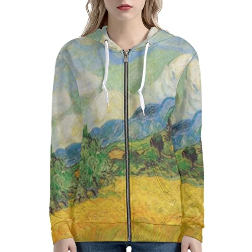 Dolyues Hoodies für Frauen Zip up Y2k Langarmshirt mit Tasche Dünn Casual Hoodie Sweatshirts, Vincent Van Gogh Heat Field, 46 von Dolyues