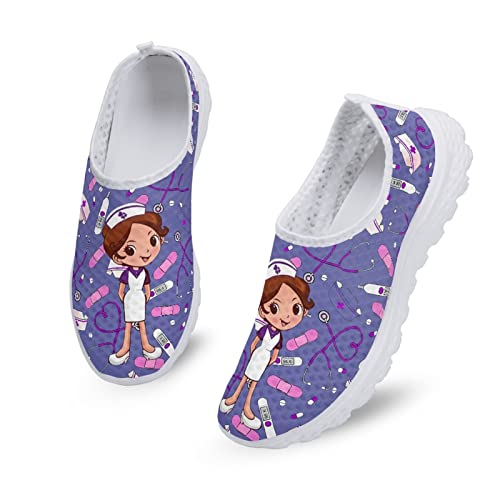 Dolyues ImmergrüN Blau 3D Karikatur Krankenschwester Muster Damen Slip On Sneakers Mesh Flache Atmungsaktive Leichte Turnschuhe von Dolyues