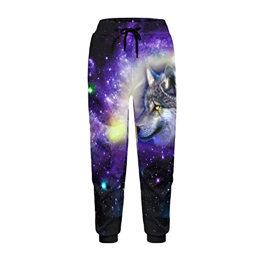 Dolyues Jogginghose für Damen und Herren, Unisex, lang, hohe Taille, Aktivhose mit Taschen, Größe S-2XL, Violett Galaxie Wolf, 31-35 von Dolyues