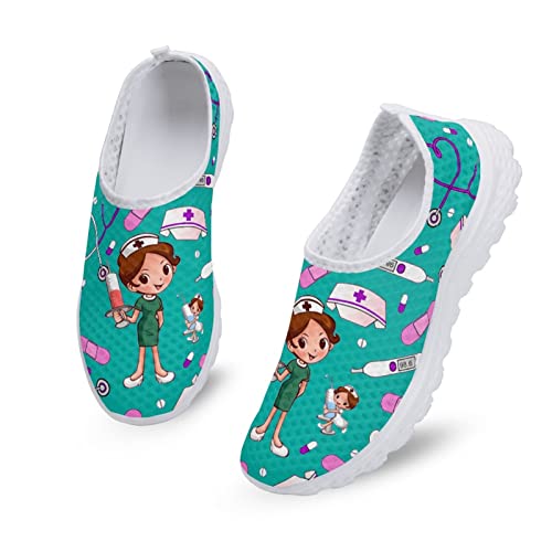 Dolyues Lässiger Slip On für Damen Mit Bequemen, Sportlichen Turnschuhen und Fitnessschuhen Mit Blaugrünem Cartoon Krankenschwestermuster von Dolyues