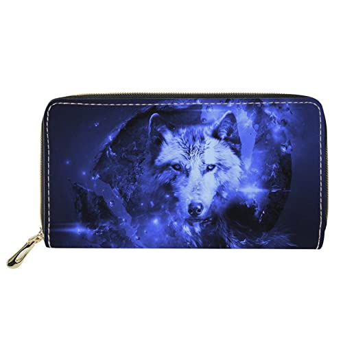 Dolyues Lange Geldbörse aus PU-Leder, wasserdicht, lang, schmal, für Damen, mit Reißverschluss, Münzfach, Kreditkartenhalter, Bargeld, Clutch, Taschen für Business, Galaxy Wolf Design, Klassisch von Dolyues