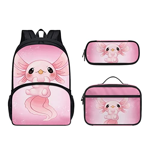 Dolyues Lunchtasche Set 3 Packungen Schulrucksack für Kinder Mädchen Jungen, wasserdichte Schultasche Federmäppchen, Rosa Axolotl, Kinderrucksack von Dolyues