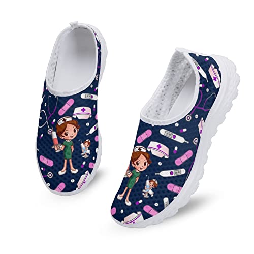 Dolyues Marineblau 3D Niedliche Karikaturkrankenschwester Muster Frauen Trainer Schuhe LäSsiger Leichter Atmungsaktiver Athletischer Jogging-Sneaker von Dolyues