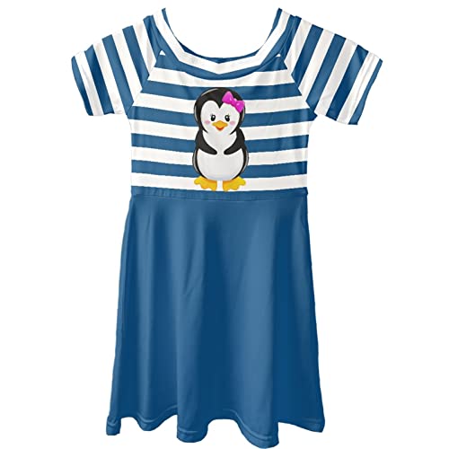 Dolyues Marineblaues Streifen-Cartoon-Pinguin-Druck-Sommer-Kurzarmkleid für kleine Mädchen, modische Kleider, tägliche Kleidung von Dolyues