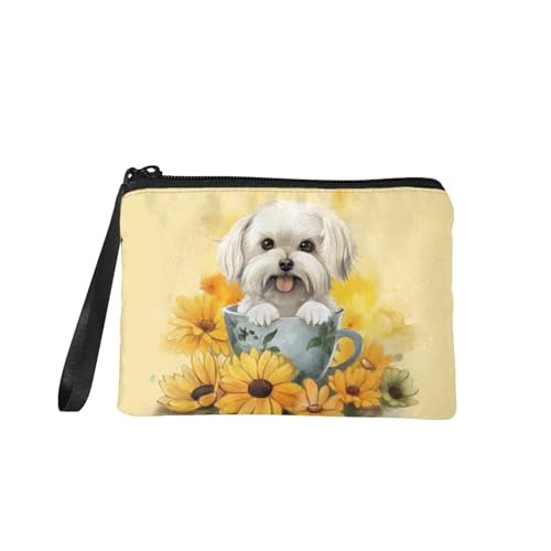 Dolyues Münzgeldbörse mit Reißverschluss, Kleingeldtasche für Damen, Reisen, kleine Kosmetiktasche, Geldbörse mit Handgelenkschlaufe, Sonnenblumen-Hund, Einheitsgröße, Casual von Dolyues