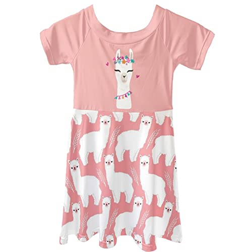 Dolyues Rosa Alpaka Lama Print Kinder Sommer Kurzarm Kleid Lässige Mode Alltag Kinderkleidung Rundhals Kleider von Dolyues