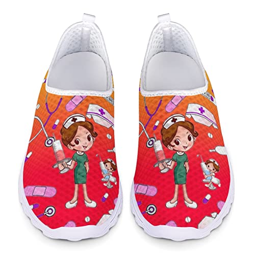 Dolyues Rot Gelb Farbverlauf Cartoon Krankenschwester Print Frauen Slip On Sportliche Mesh-Turnschuhe, Lässige Outdoor-Sport-Laufschuhe von Dolyues