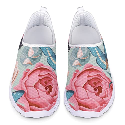 Dolyues Rote Rose Schmetterling 3D-Druck Beiläufig Schlüpfen Trainer Damen Leichte Mesh Sportliche Alltagsschuhe 35 EU von Dolyues