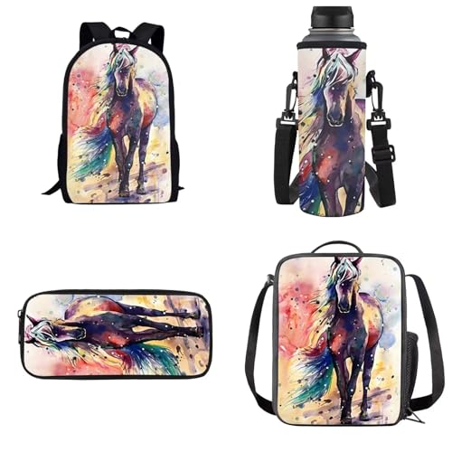 Dolyues Rucksack-Set, 4-in-1, Kinder-Schultasche, Grundschule, Schulrucksäcke, Büchertasche, Buntes Pferd, Kinderrucksack von Dolyues