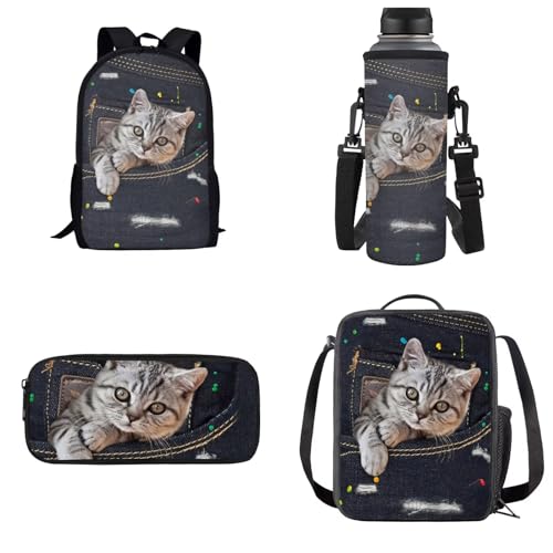 Dolyues Rucksack Set 4-in-1 Kinder Schultasche mit Lunchtasche und Federmäppchen Wasserflasche Träger, Denim-Katze, Schwarz, Kinderrucksack von Dolyues