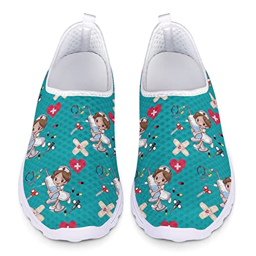 Dolyues Türkis Niedliche Cartoon Krankenschwester Muster Frauen Slip On Arbeits Wanderschuhe, Lässige Leichte Sportliche Gym Jogging Sneakers von Dolyues