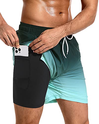 Domee Herren Badehose mit Kompression Liner Badeshorts mit Reißverschlusstasche Grüner Farbverlauf (Kompression Liner) M von Domee