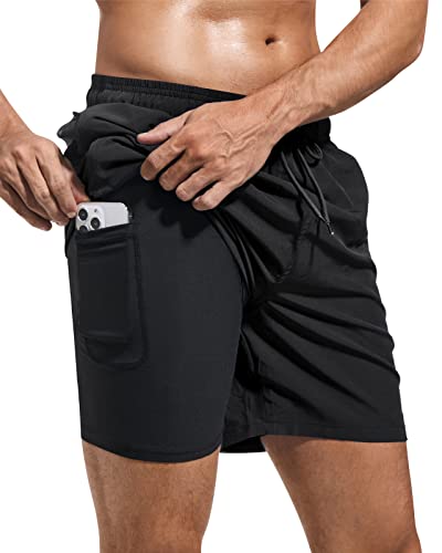 Domee Herren Badehose mit Kompression Liner Badeshorts mit Reißverschlusstasche Schwarz (Kompression Liner) L von Domee