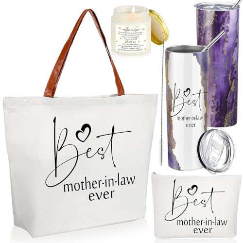 Domensi Geschenktasche für Mütter mit Aufschrift "Best Mother in Law Ever", 590 ml, Becher, Make-up-Tasche, Duftkerze, 4 Stück, Violett von Domensi