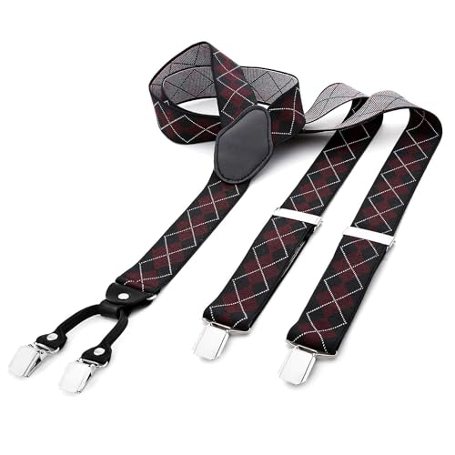 DonDon Hosenträger Herren breit 3,5 cm mit 4 Hosenträger Clips extra stark in Y-Form – elastisch und längenverstellbar, kariert in Schwarz Rot Weiß von DonDon