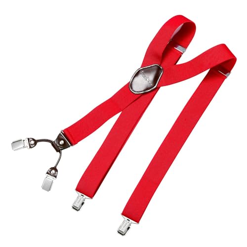 DonDon Hosenträger Herren extra stark 3,5 cm breit mit 4 Hosenträger Clips in Y-Form und braunem Leder Patch, Rot von DonDon