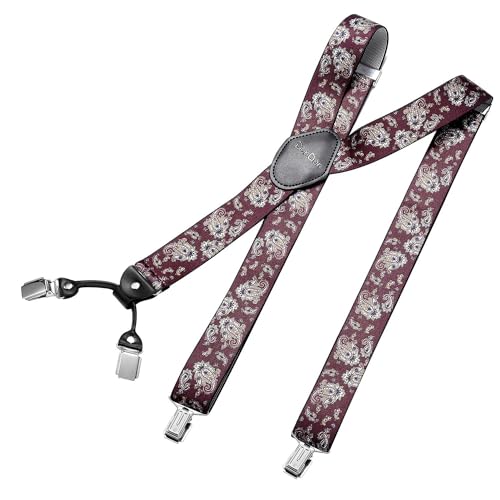 DonDon Hosenträger Herren breit 3,5 cm mit 4 Hosenträger Clips extra stark in Y-Form – elastisch und längenverstellbar, Paisley Rot von DonDon