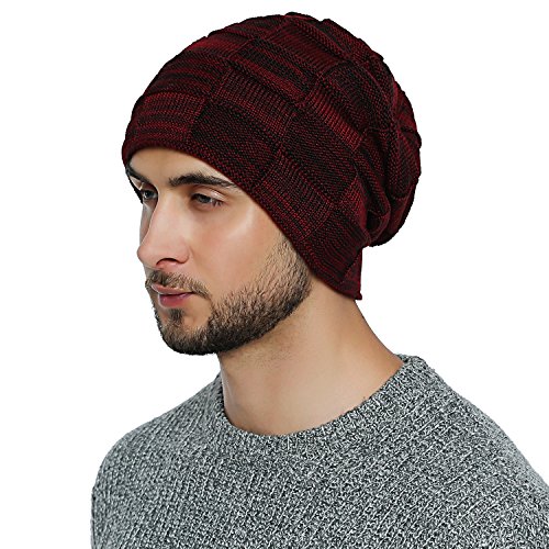 DonDon Mütze Herren Wintermütze Slouch Beanie Strickmütze mit warmen Fleece Innenfutter dunkelrot schwarz von DonDon