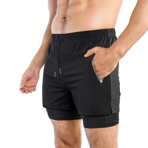 Donason Herren Sport Shorts 2 in 1 Sporthose Schnell Trocknend Laufshorts Sommer Kurze Hose mit Reißverschlusstasche für Training Fitness von Donason