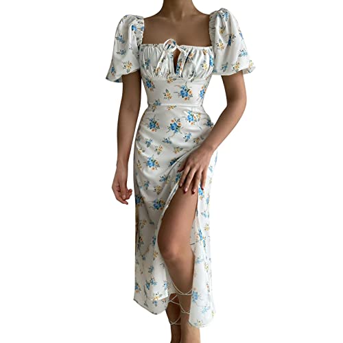 Damen Kleider Sexy Schulterfrei Böhmische Blumen Sommerkleid Hohe Taille Lange Strandkleid Puffärmel Boho Kleid Strandparty Fstehende Rüschen Maxikleid mit Schlitz Y2K Retro E-Girl 90S Langes Kleid von Donasty